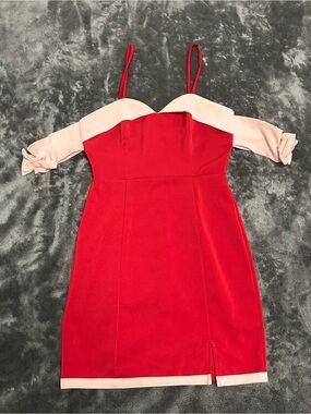 Red Off-Shoulder Bodycon Dress with Blush Trim